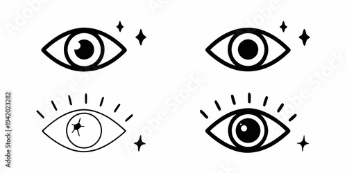 Four stylized eyes and eyelashes in a minimalist black and white design