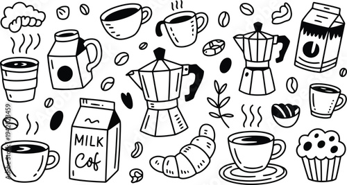 An inviting assortment of charming hand drawn coffee icons including cups, beans, and breakfast snacks