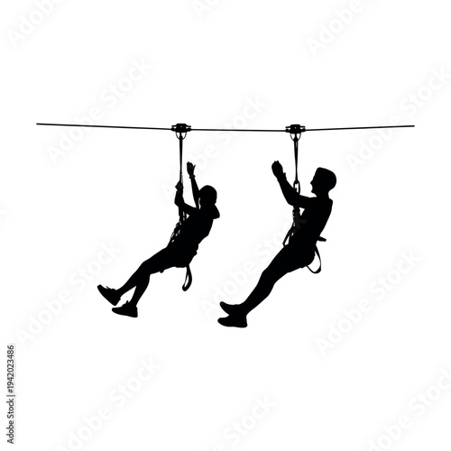 Silhouette of two people ziplining on white background