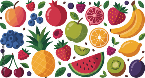 An inviting spread of colorful fresh fruits such as pineapple, juicy watermelon, vibrant berries, and citrus on white