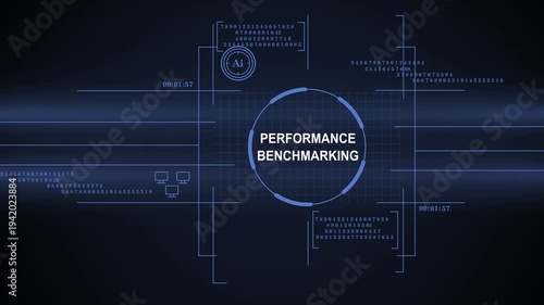 A high-tech digital interface displaying performance benchmarking text surrounded by glowing blue HUD elements, data numericals, and AI symbols on a dark futuristic background.
