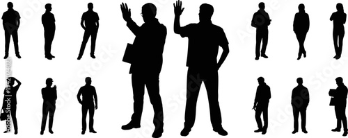 Collection of diverse people silhouettes standing in various poses, including business professionals, casual individuals, waving characters, and working people, isolated on white background, vector.