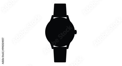 A stark black silhouette of a wristwatch against a white background