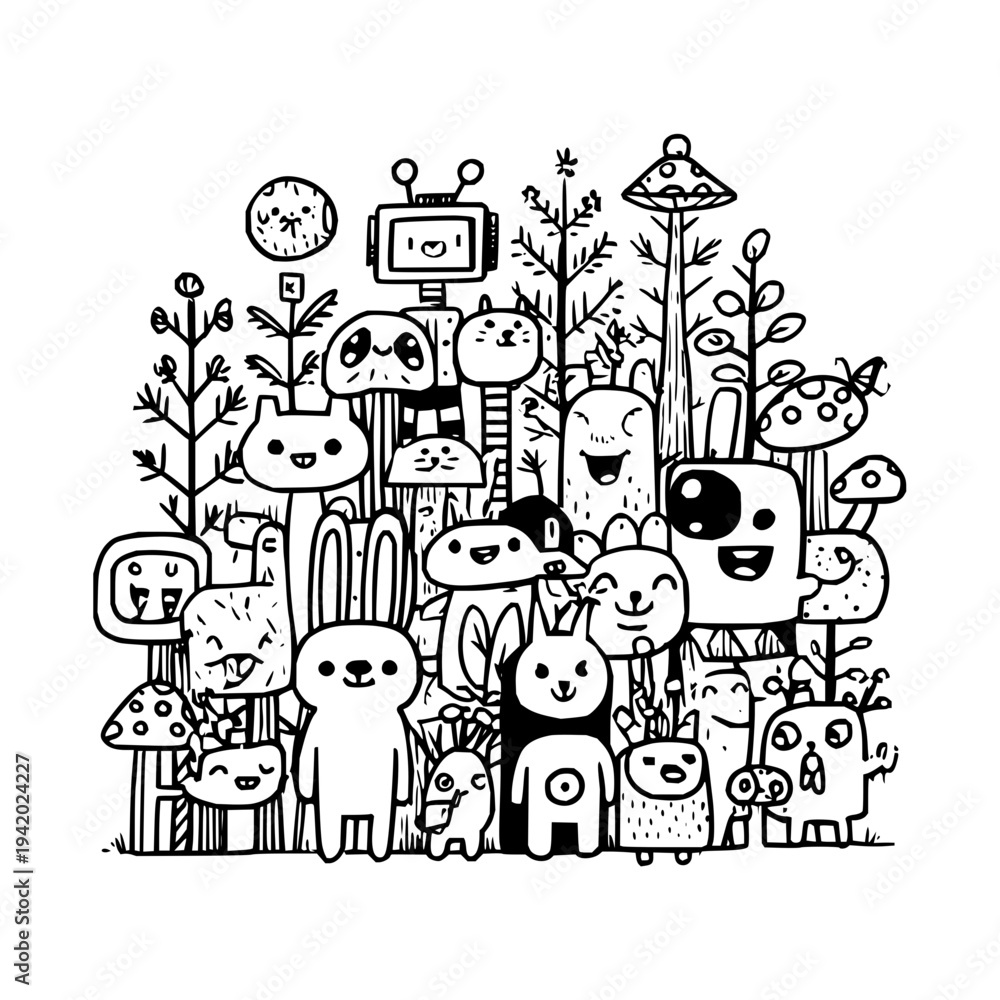 Fototapeta premium Whimsical Cartoon Animals and Plants in Black and White Line Art