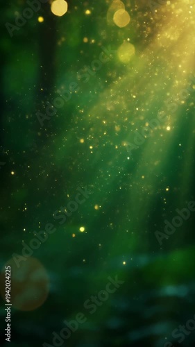 Enchanted Forest Particles: Golden Light Rays Illuminating Green Depths with Glowing Fireflies