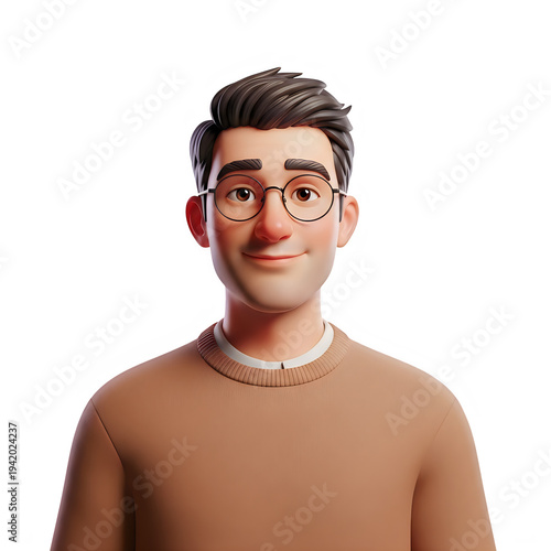 3D cartoon man with glasses and brown sweater