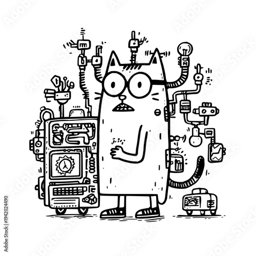 Robot Cat with Glasses Standing Next to Machine on White Background