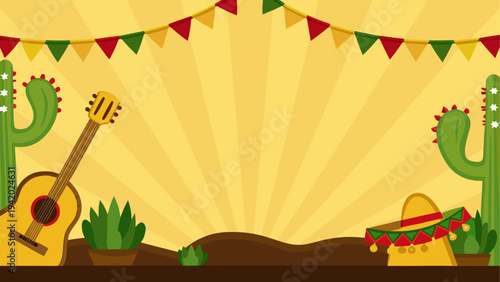Colorful fiesta scene with cacti, sombreros, and a sunset background