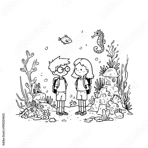 Two Children Exploring Underwater with Seahorse and Fish