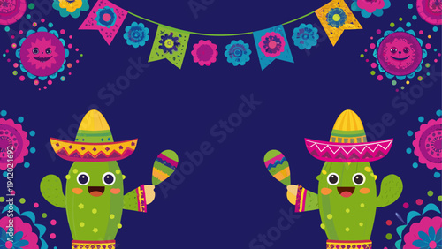 Two cheerful cactus characters wearing sombreros and holding maracas celebrate fiesta