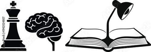 Black and white vector illustration of brain, chess piece, book with lamp, flat design