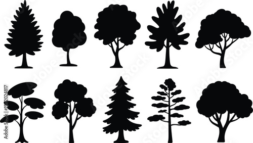 Set of ten black tree silhouettes featuring various deciduous and coniferous species for nature landscape forestry and environmental design projects