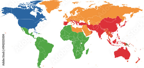 Color coded world map by continents showing North America Europe Asia Africa South America and Australia global geography vector illustration