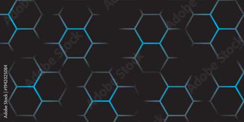 Futuristic abstract background featuring a glowing blue hexagonal honeycomb grid over a dark black space. illustration