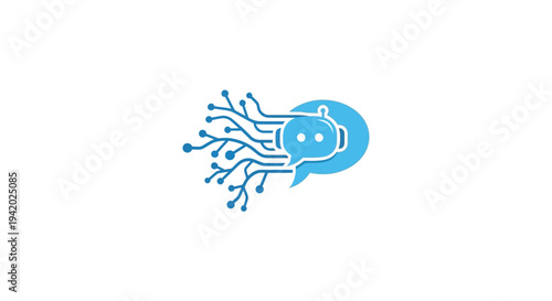 Blue speech bubble with robotic face and circuit lines.