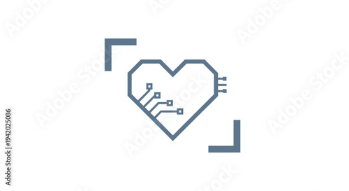 Simple blue heart icon with robotic elements and measurement brackets.