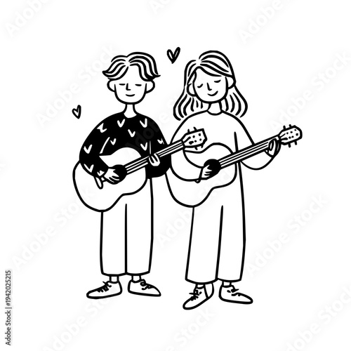 Young Loving Couple Playing Guitars Together Isolated on White