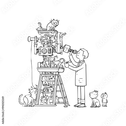 Man filming cats on complicated camera machine with ladder