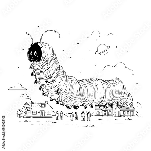 Giant Caterpillar Destroying Town Under Starry Night Sky