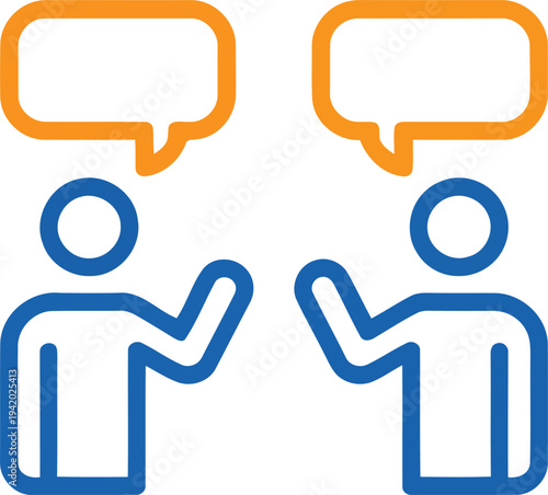 Blue outline figures communicate with each other, featuring empty orange outline speech bubbles on a white background