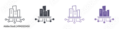 Smart city icon set, connected buildings and digital network system symbol, outline and solid silhouette style. Vector illustration.