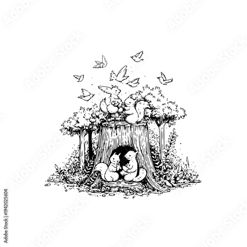 Sad Child Sitting on Tree Stump Surrounded by Butterflies in Forest