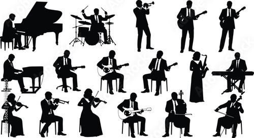 Musicians silhouettes playing piano guitar trumpet violin drums saxophone and cello orchestra band performance music instruments vector illustration collection