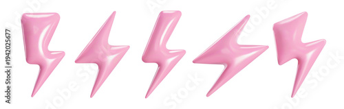 3d lightning vector pink flash icon set in realistic plastic style isolated