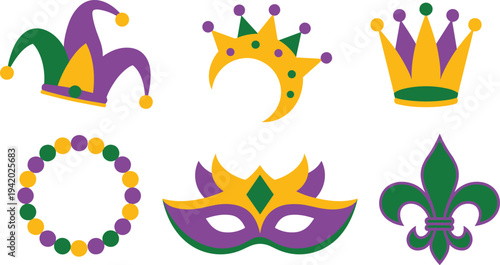 Mardi Gras carnival icons set with jester hat crowns mask beads fleur de lis in purple green gold flat vector festive party elements collection