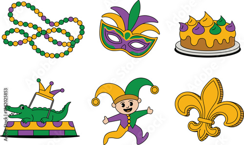 Mardi Gras festival icon set with beads mask king cake jester alligator float and fleur de lis in purple green gold vector
