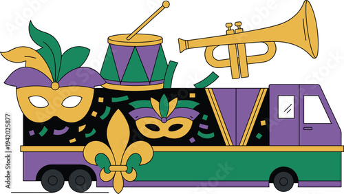 Mardi Gras parade float vector illustration with carnival masks trumpet drum fleur de lis confetti purple green gold festive celebration party design