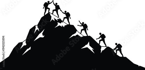 Teamwork mountain climbing success concept with hikers helping each other reach summit symbolizing leadership cooperation motivation achievement partnership support and goal accomplishment
