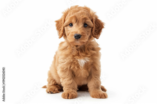 Adorable mini golden doodle puppy isolated on the white background. 