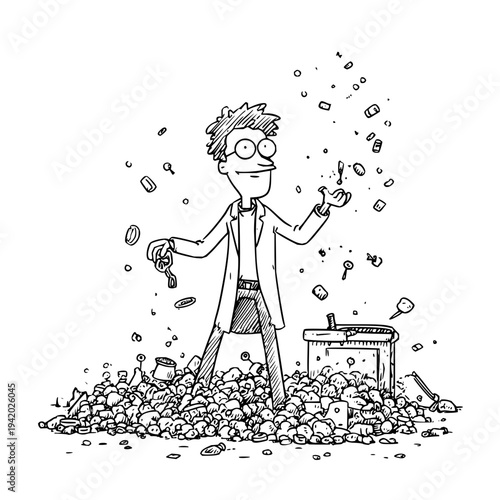 Smiling Scientist Standing Amidst Rubble Holding Tools