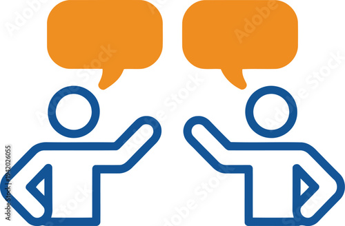 Blue outline figures stand with hands on hips, featuring solid orange speech bubbles in an active discussion