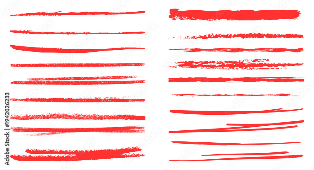 Obraz premium Abstract red marker and brush strokes set, hand drawn underline and scribble texture elements, grunge graffiti art lines and curves for modern graphic design on transparent background
