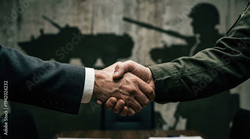 Close-up of a Handshake Between a Businessman and a Military Officer Against a Backdrop of Armed Forces Silhouettes, Representing Defense Contracts and Strategic Alliances.
