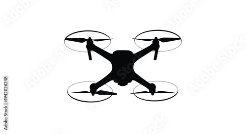 A black drone with four rotors is shown in a stark silhouette