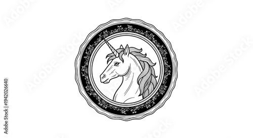 ornate circular framed unicorn head with floral details