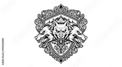 Ornate framed wolf head roaring with bared teeth