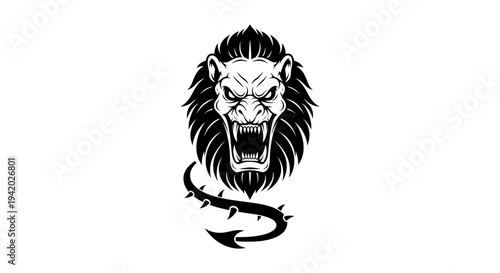 roaring lion head with snake silhouette bared teeth