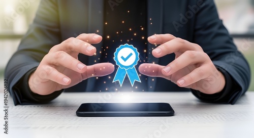 A person protecting a digital checkmark icon on a smartphone screen with their hands on a white table