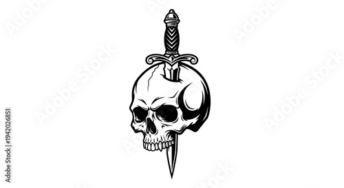 black and white skull with ornate dagger in mouth