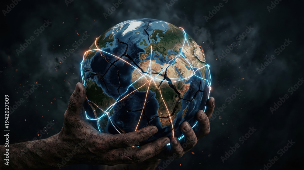 Global Digital Network Connections Over Cracking Planet Earth Held in Human Hands, Concept of Environmental Crisis, Worldwide Communication Technology, and Sustainability Issues.
