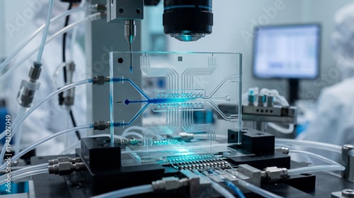 Valokuva Microfluidic device experimental setup operating in sterile biotechnology cleanr