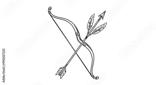 minimalist crossed arrows with curved bow and feathered tail