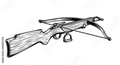 black and white line drawing of a wooden crossbow