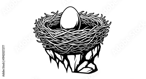 minimalist black and white bird nest with egg