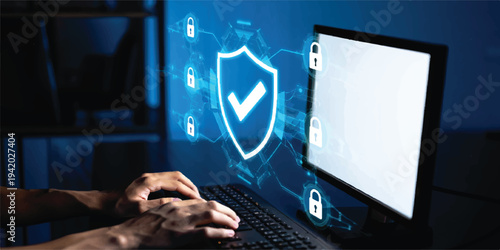 Online safety and data protection, cybersecurity shield icon with checkmark on computer screen, digital security, user interface, web design