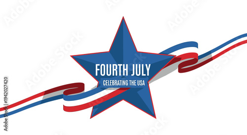 Vector illustration of a blue star with red, white, and blue ribbons for 4th of July celebrations